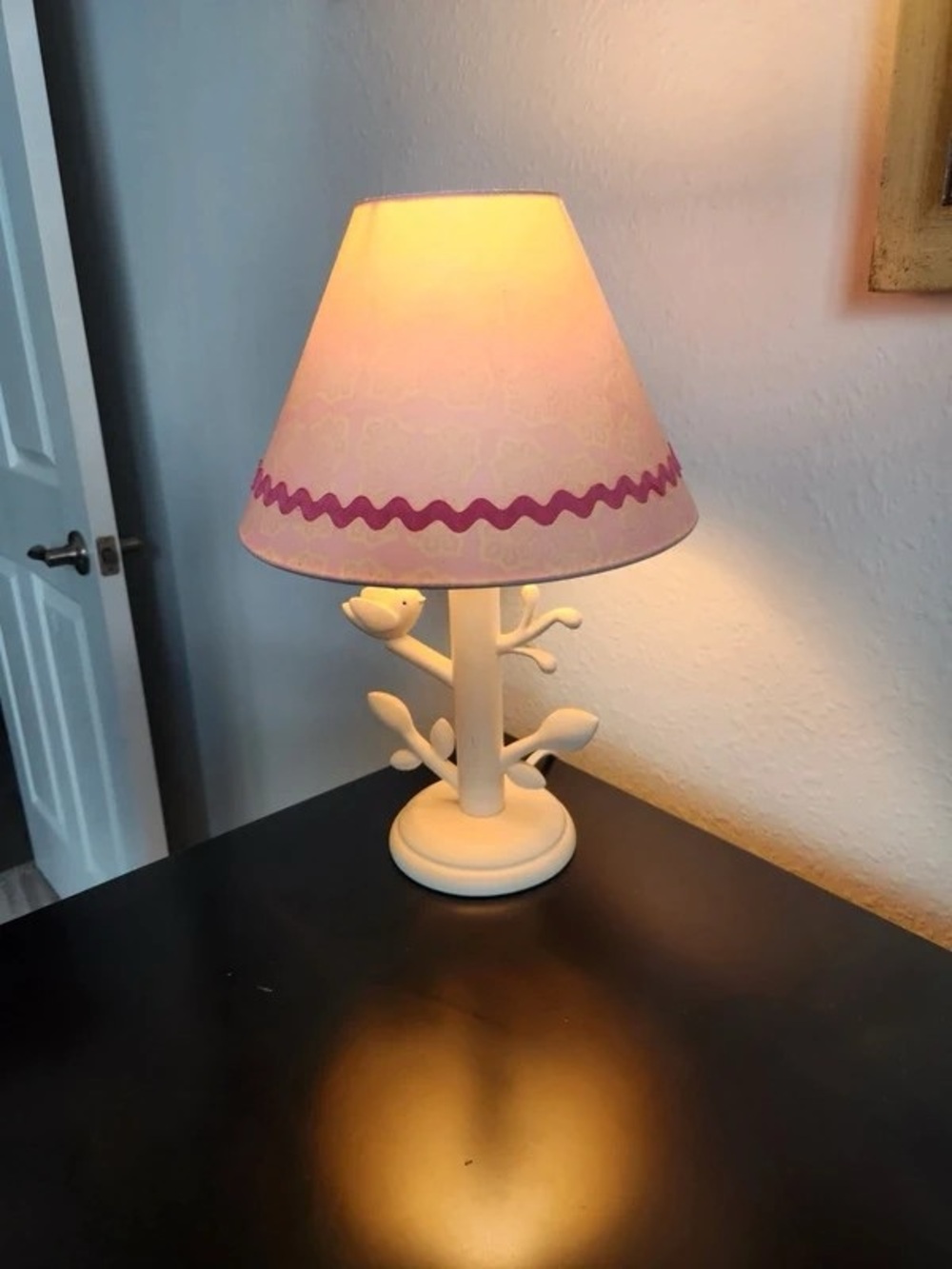 White Tree-Style Table Lamp with Pink Trim Shade